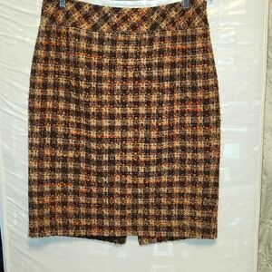 Loft Brown Tan Cream & Orange Plaid Wool Blend Midi Pencil Skirt  sz 10